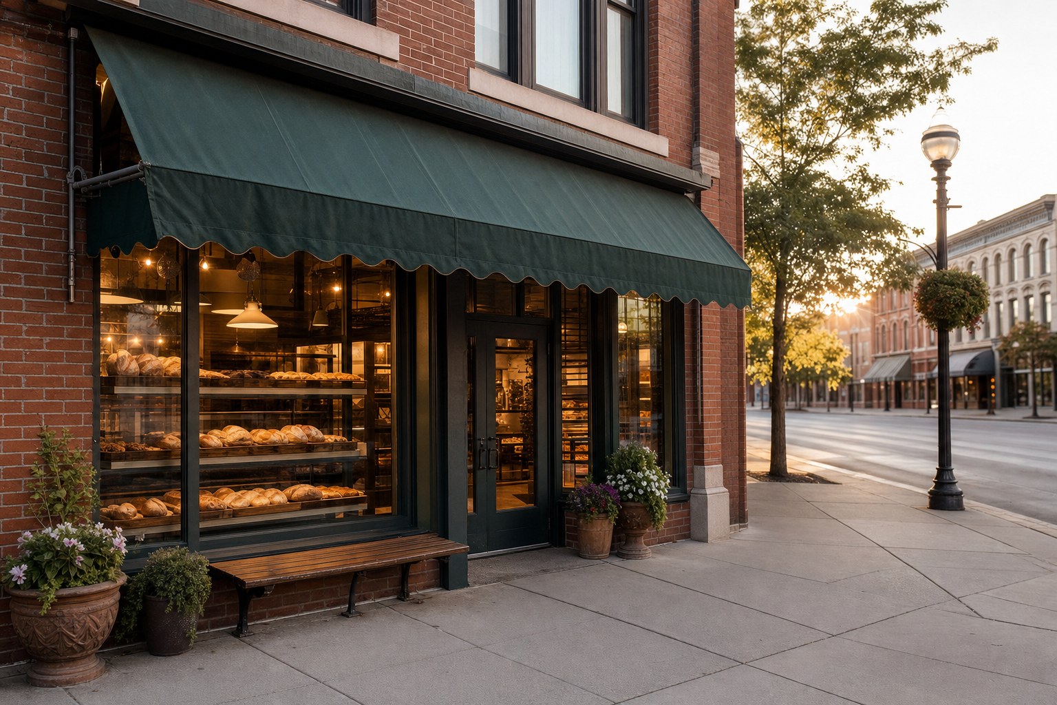 Warm neighborhood bakery storefront in early morning