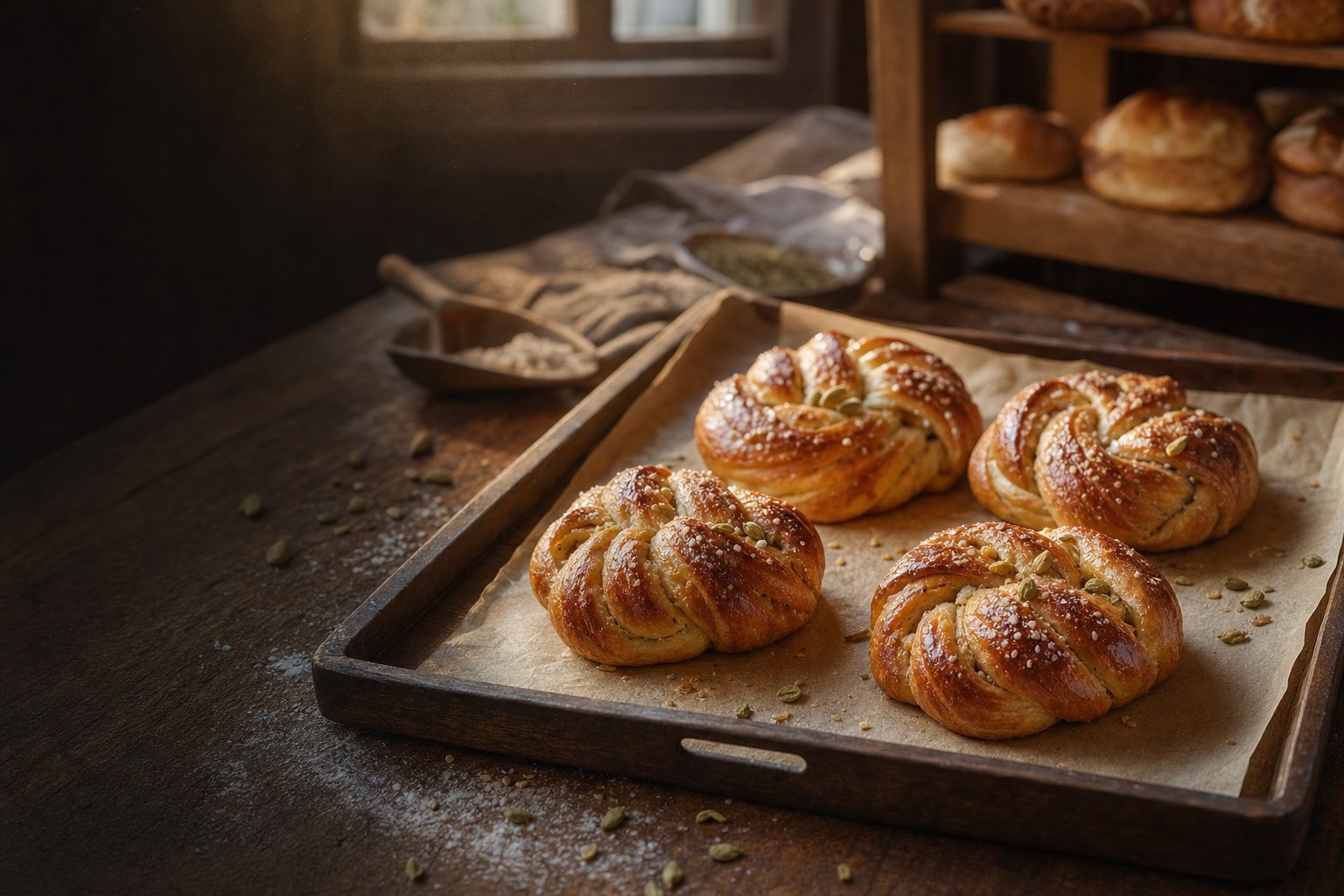Fresh cardamom knots on a parchment-lined bakery tray