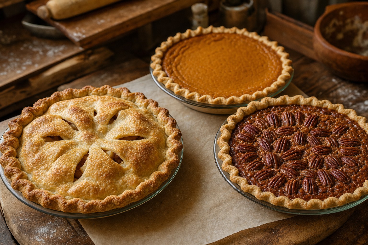 Apple, pumpkin and pecan pies on a bakery table