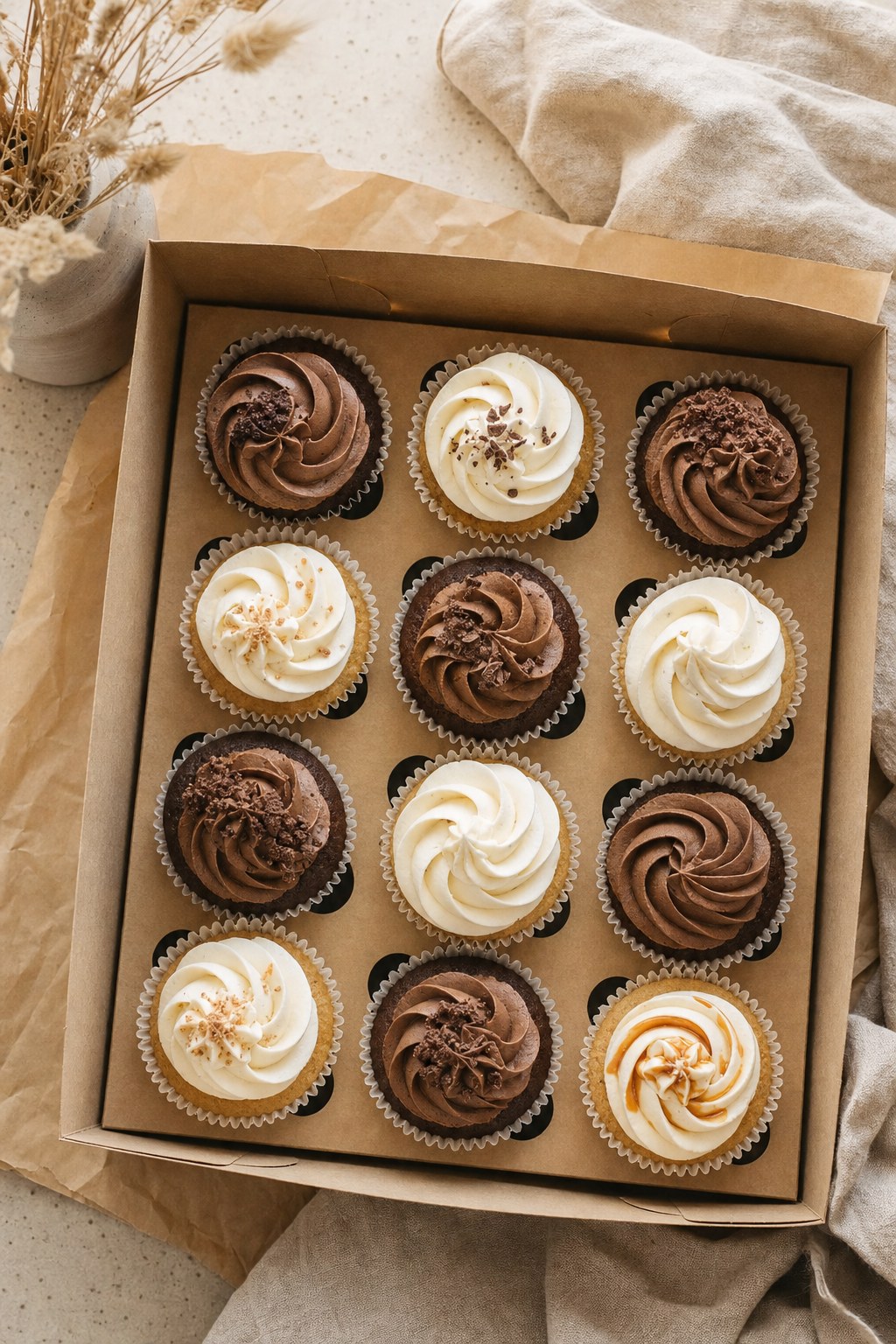 A dozen vanilla and chocolate cupcakes in a bakery box