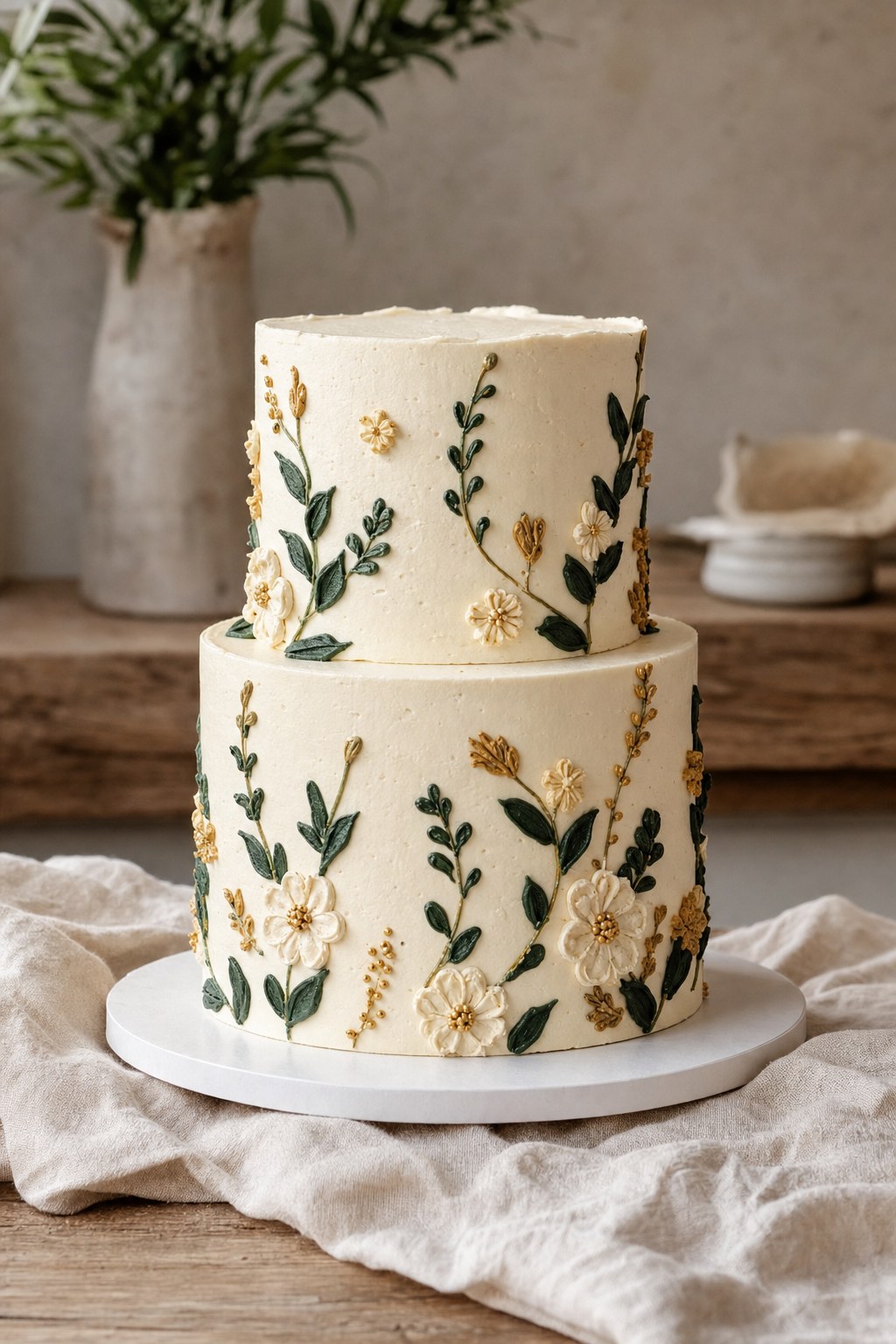 Two-tier buttercream cake with floral piping